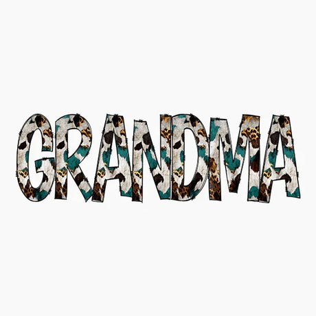 Word 'GRANDMA' with animal print and teal camouflage pattern on white background