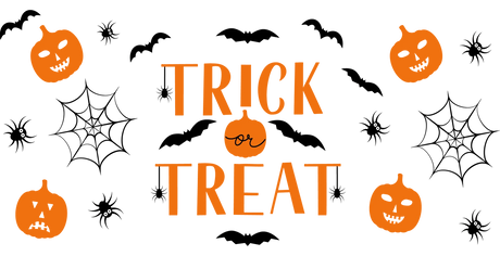 Orange pumpkins with carved faces surrounding orange text 'Trick or Treat' on black background Halloween design