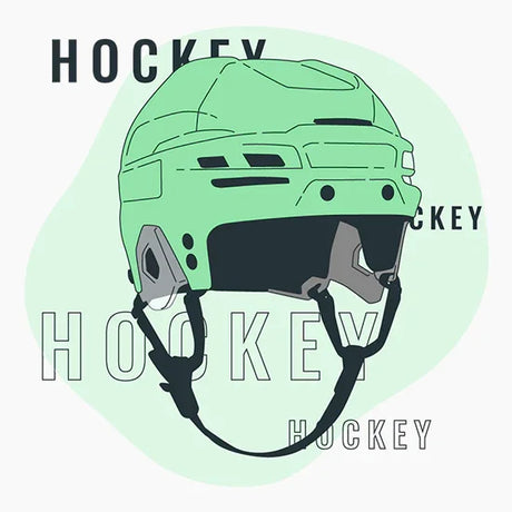 Green hockey helmet illustration with black straps on a light green background, text 'HOCKEY'