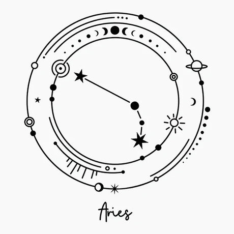 Astrological Aries zodiac constellation with decorative celestial symbols in a circular design