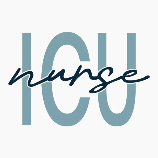 Text design with large blue letters ICU and black cursive nurse overlay