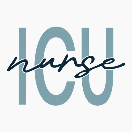 Text design with large blue letters ICU and black cursive nurse overlay