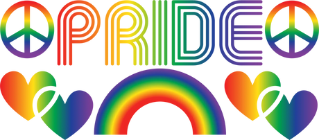 Rainbow pride text with peace symbols, rainbow hearts, and a rainbow arc graphic