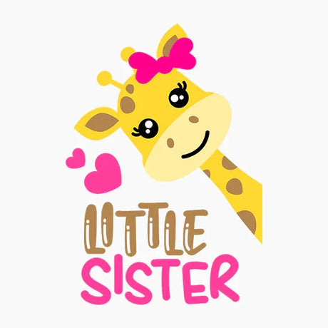 Cute cartoon giraffe with pink bow and hearts, text reading Little Sister in playful font