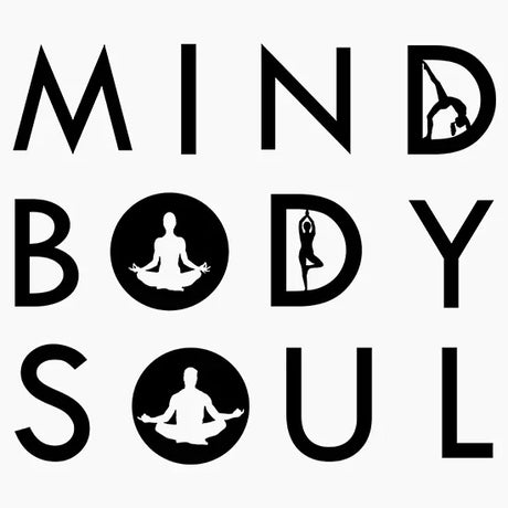 Black text 'MIND BODY SOUL' with yoga poses inside letters D, O, and silhouettes meditating in circles