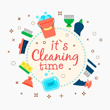 Colorful cleaning tools and soap surrounding the red text "it's Cleaning time" on white background