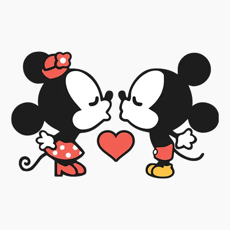 Cartoon mice couple facing each other with eyes closed, red heart between them, wearing red and yellow clothes