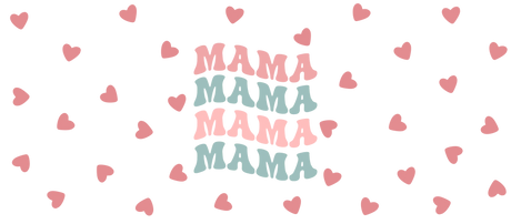 Retro style graphic with repeated word 'MAMA' in pink and teal surrounded by pink hearts