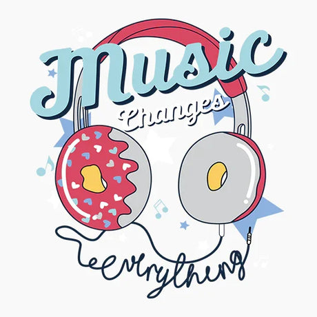 Illustration of headphones with donuts as earcups and the phrase 'Music changes everything'