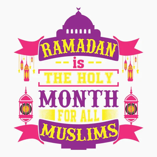 Colorful Ramadan design with lanterns and text states Ramadan is the holy month for all Muslims