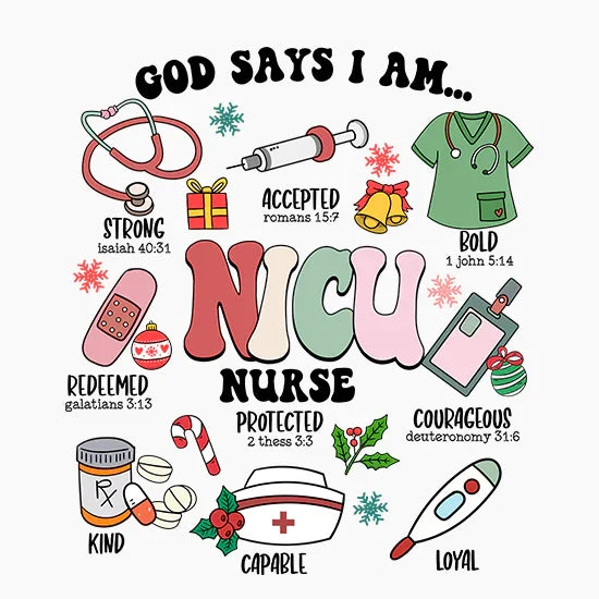 Christmas-themed NICU nurse design with medical icons, Bible verses, and festive decorations