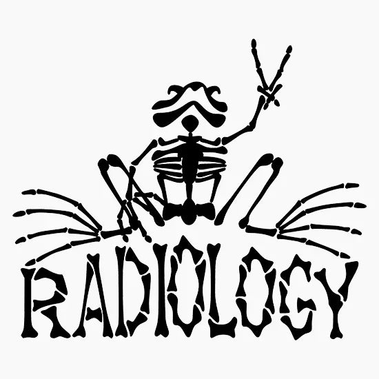 Black skeletal frog illustration with the word Radiology in stylized bone-like font on white background