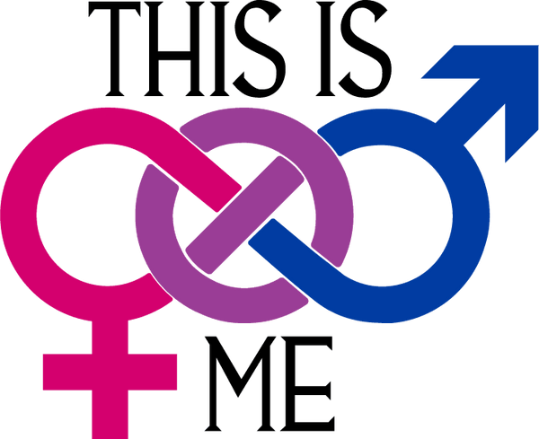 This is me graphic with male and female gender symbols intertwined in pink, purple, and blue colors