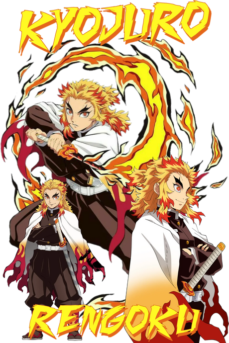 Kyojuro Rengoku anime character with fiery hair and flame sword in dynamic poses