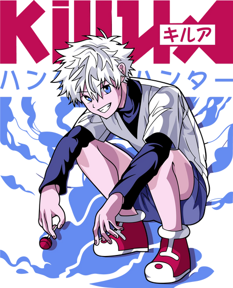 Killua Zoldyck crouching with white spiky hair and red sneakers from Hunter x Hunter anime