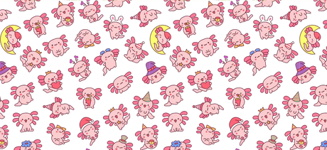 Seamless pattern of cute pink axolotl cartoon characters with various hats and accessories on black background