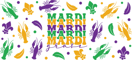 Mardi Gras design with repeating colorful lobster icons, fleur-de-lis symbols, and confetti in purple, green, and gold