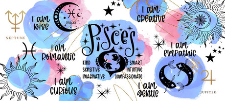 Pisces zodiac sign with two fish and attributes wise, creative, smart on blue and pink watercolor background