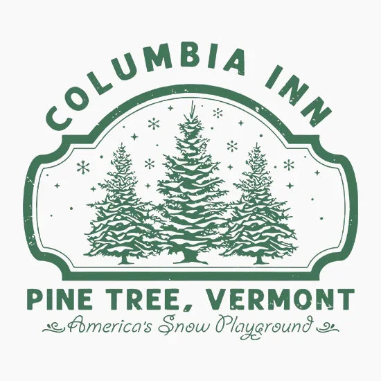 Vintage style logo of Columbia Inn Pine Tree Vermont featuring snow-covered pine trees and snowflakes
