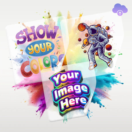 Colorful custom DTF prints showing astronaut and vibrant text designs with splashes of paint background