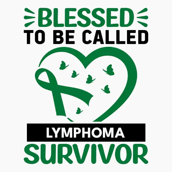 Green lymphoma awareness ribbon inside heart with butterflies and text Blessed to be called lymphoma survivor