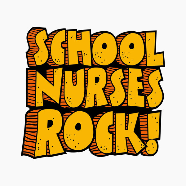 Bold orange 3D text reading School Nurses Rock with black outlines and dots on white background