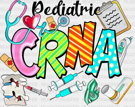 Colorful Pediatric CRNA text with medical icons including stethoscope, heart, syringes, bandages, clipboard, thermometer
