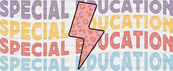 Colorful special education text with a pink patterned lightning bolt in the center