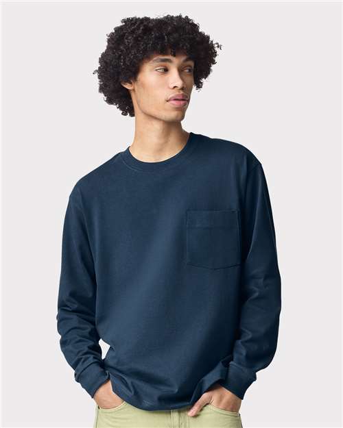 Unisex Super Heavyweight Long Sleeve Pocket Tee American Apparel Sea Blue