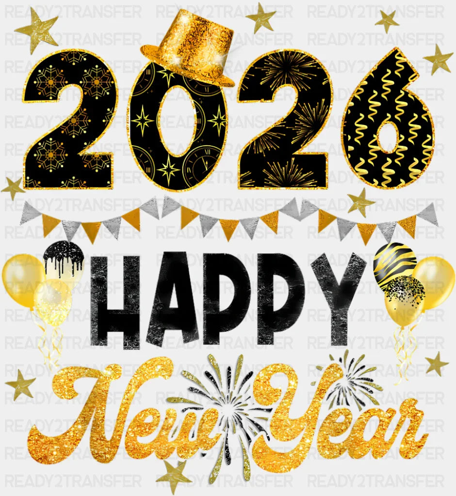 2026 Happy New Year B&W and Yellow - New Year DTF Transfer Adult Unisex - S & M (10’’) / Dark Color Design (See Imaging)