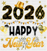 2026 Happy New Year B&W and Yellow - New Year DTF Transfer Adult Unisex - S & M (10’’) / Dark Color Design (See Imaging)