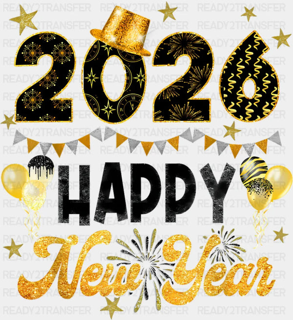2026 Happy New Year B&W and Yellow - New Year DTF Transfer