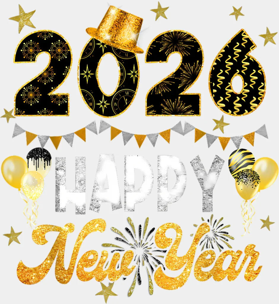 2026 Happy New Year B&W and Yellow - New Year DTF Transfer Adult Unisex - S & M (10’’) / Light Color Design (See