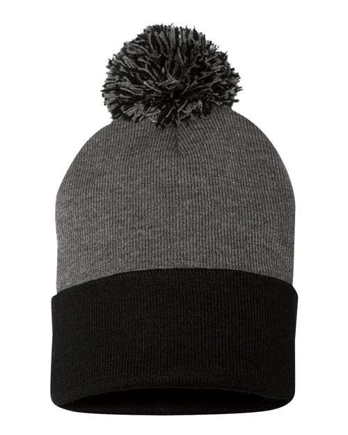 12" Pom-Pom Cuffed Beanie Sportsman Dark Heather Grey Black One Size