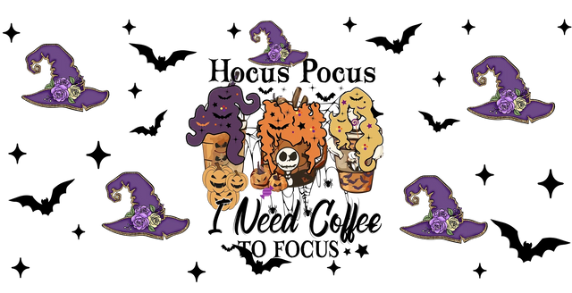 I Need Coffee To Focus - Halloween Cup Wrap UV Sticker Permanent UV DTF Decal ready2transfer