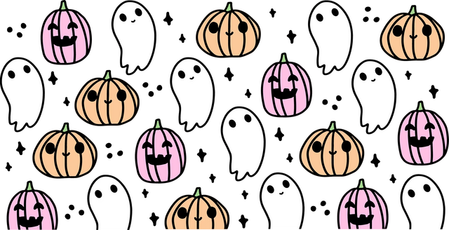 Pumpkin And Ghosts - Halloween Cup Wrap UV Sticker Permanent UV DTF Decal ready2transfer