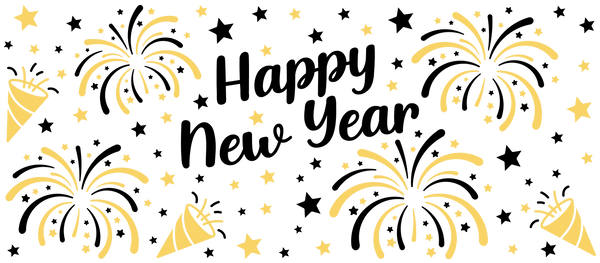 Happy New Year Black And Yellow - New Year Cup Wrap UV Sticker Permanent UV DTF Decal