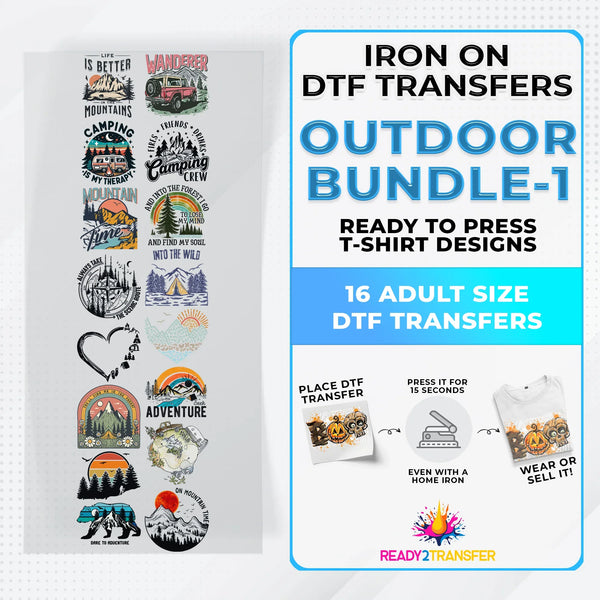 Outdoor Bundle Iron on DTF Transfer Bundle 1 - 16 Best Seller Ready To Press T-shirt Designs