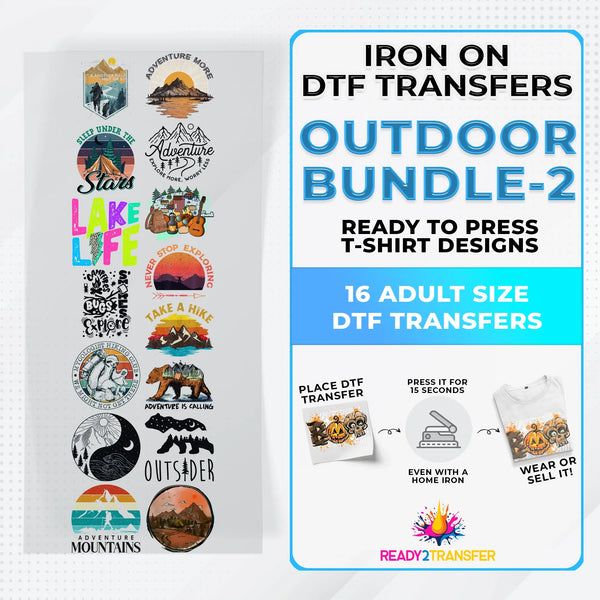 Outdoor Bundle Iron on DTF Transfer Bundle 2 - 16 Best Seller Ready To Press T-shirt Designs