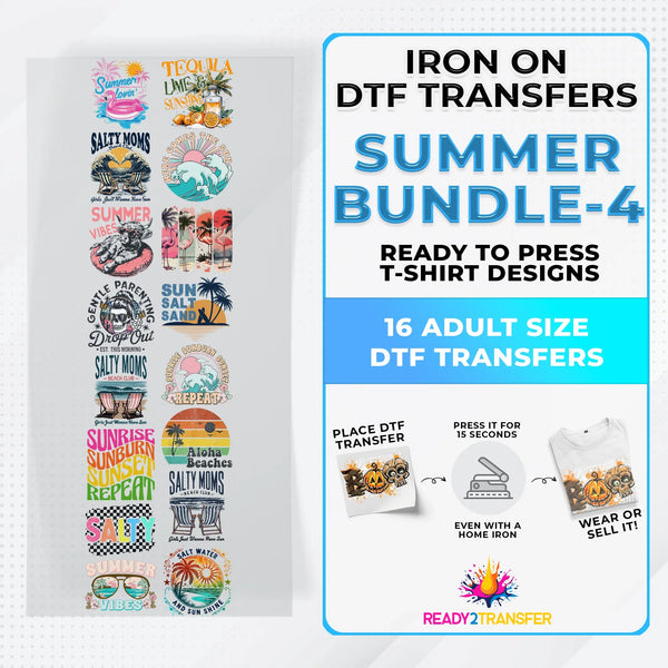 Summer Bundle Iron on DTF Transfer Bundle 4 - 16 Best Seller Ready To Press T-shirt Designs