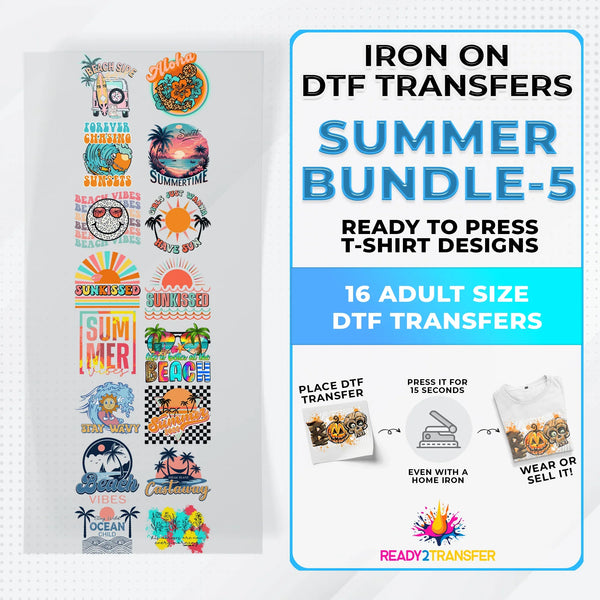Summer Bundle Iron on DTF Transfer Bundle 5 - 16 Best Seller Ready To Press T-shirt Designs