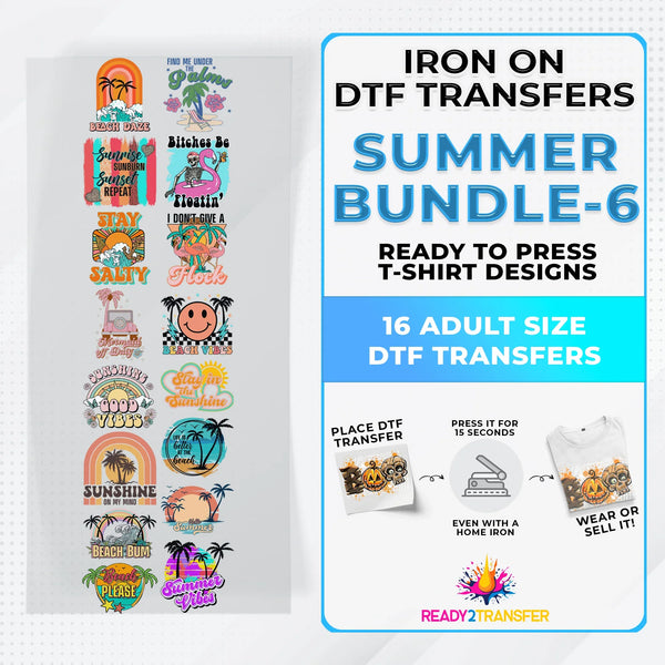 Summer Bundle Iron on DTF Transfer Bundle 6 - 16 Best Seller Ready To Press T-shirt Designs