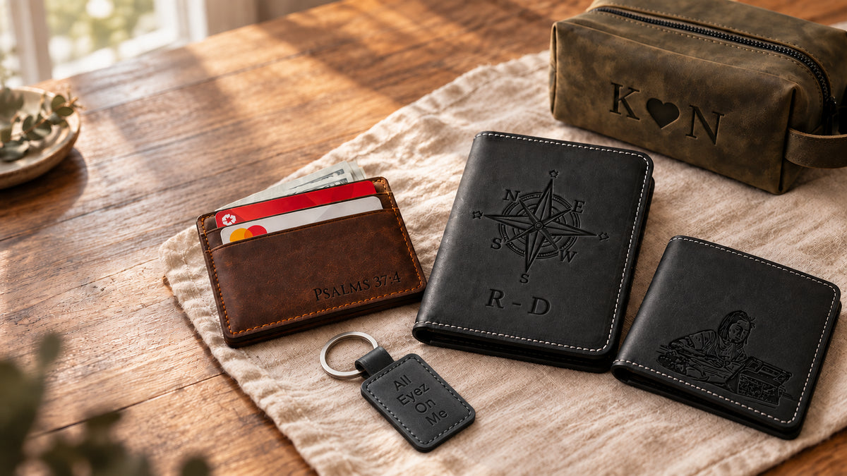 A styled flat-lay of leather accessories on a wooden table: two black bifold wallets with engraved designs, a brown card holder with cards, a small black key tag, and a brown pouch with 'K♥N' monogram. The items are arranged on a beige cloth.