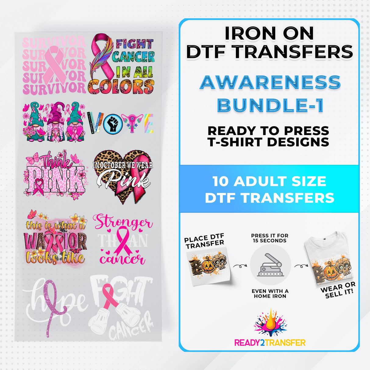 Awareness Month Iron on DTF Transfer Bundle 1  - 10 Best Seller Ready To Press T-shirt Designs