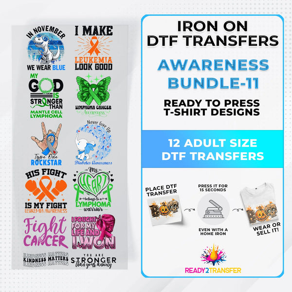 Awareness Month Iron on DTF Transfer Bundle 11 - 12 Best Seller Ready To Press T-shirt Designs