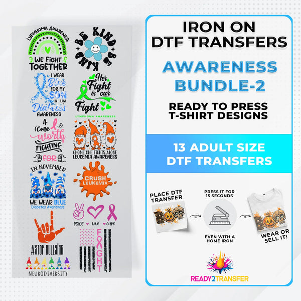 Awareness Month Iron on DTF Transfer Bundle 2  - 13 Best Seller Ready To Press T-shirt Designs