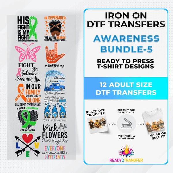Awareness Month Iron on DTF Transfer Bundle 5  - 12 Best Seller Ready To Press T-shirt Designs