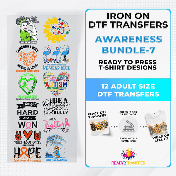 Awareness Month Iron on DTF Transfer Bundle 7  - 12 Best Seller Ready To Press T-shirt Designs