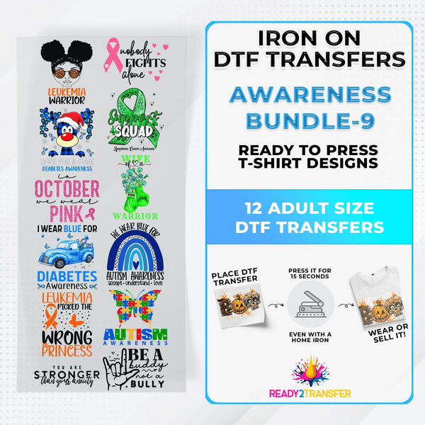 Awareness Month Iron on DTF Transfer Bundle 9  - 12 Best Seller Ready To Press T-shirt Designs