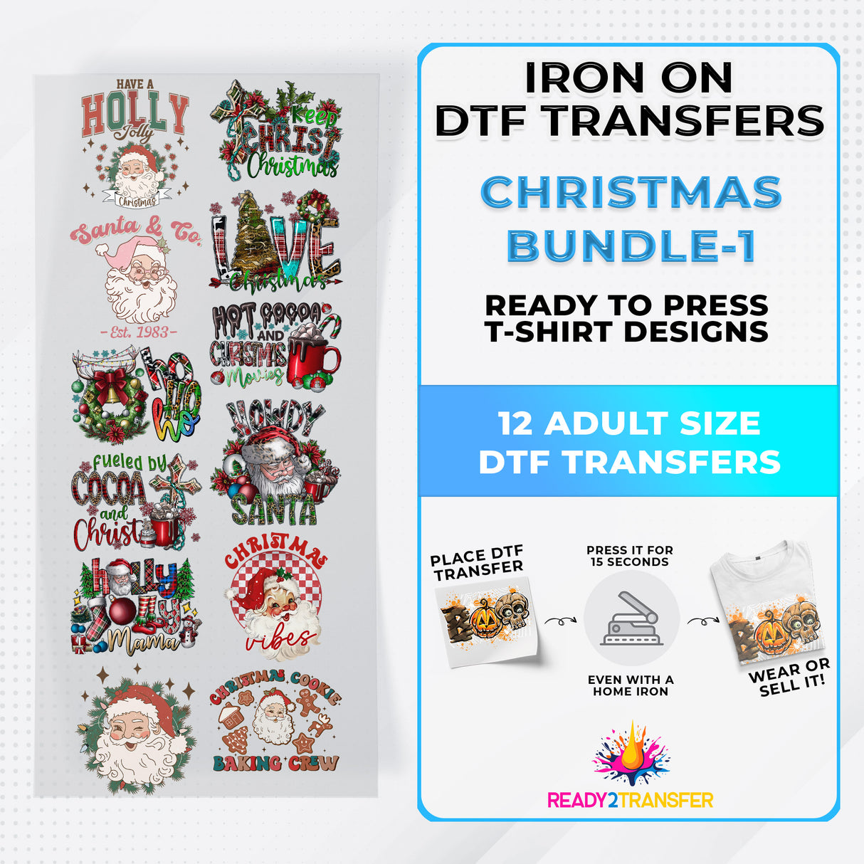 Christmas Bundle Iron on DTF Transfer Bundle 1 - 12 Best Seller Ready To Press T-shirt Designs